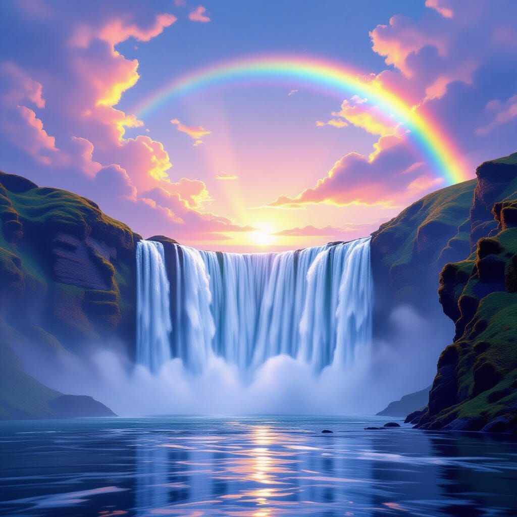 Surreal Upward Waterfall in Ethereal Dawn Light