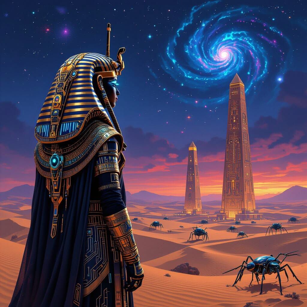 Cybernetic Pharaoh Overlooking Data Desert in Cyberpunk Styl...