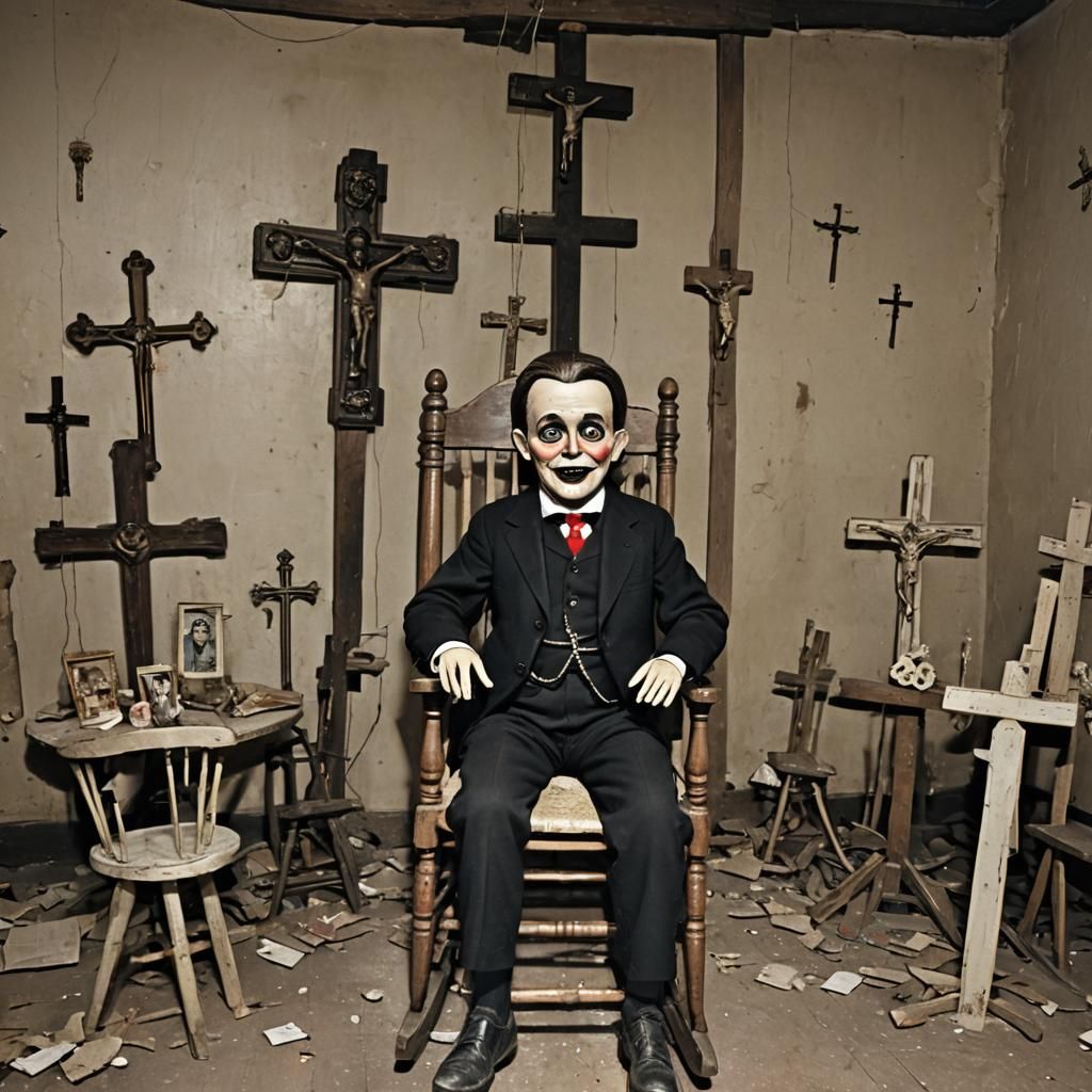 Eerie Ventriloquist Doll in Crucifix Room
