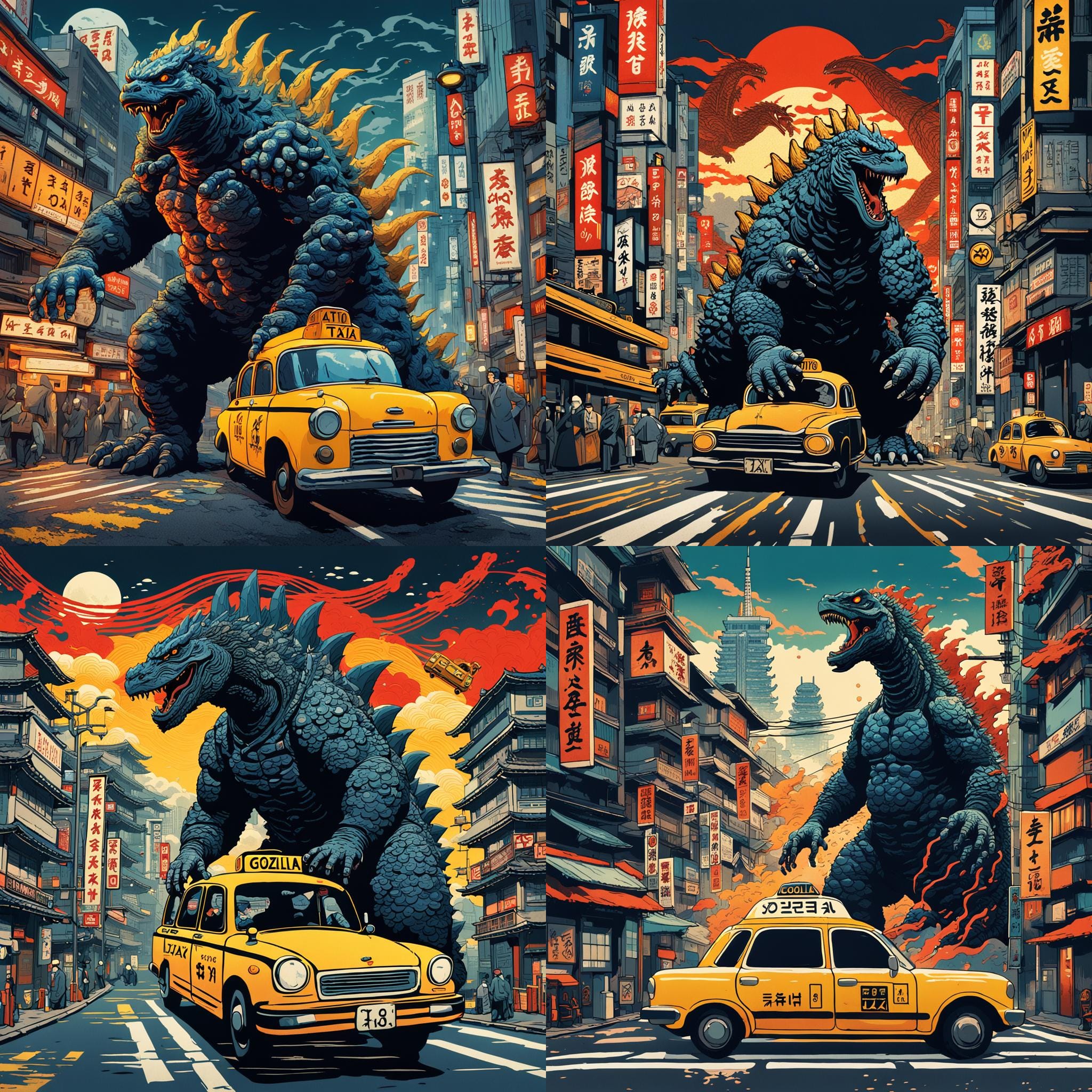 Godzilla in Tokyo: Ukiyo-e Woodblock Print
