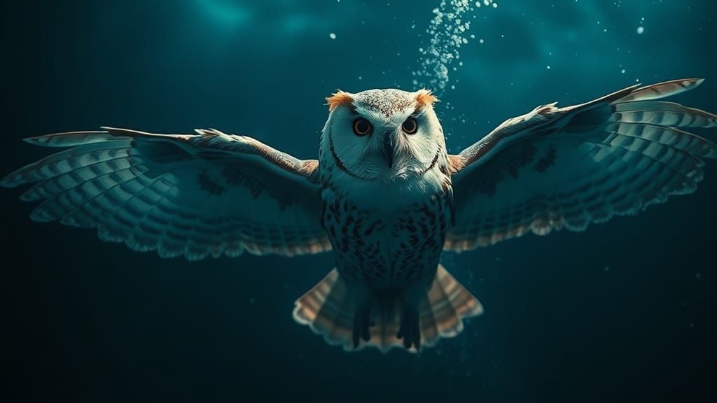 Underwater Owl in Flight: Dreamlike Cinematic Image