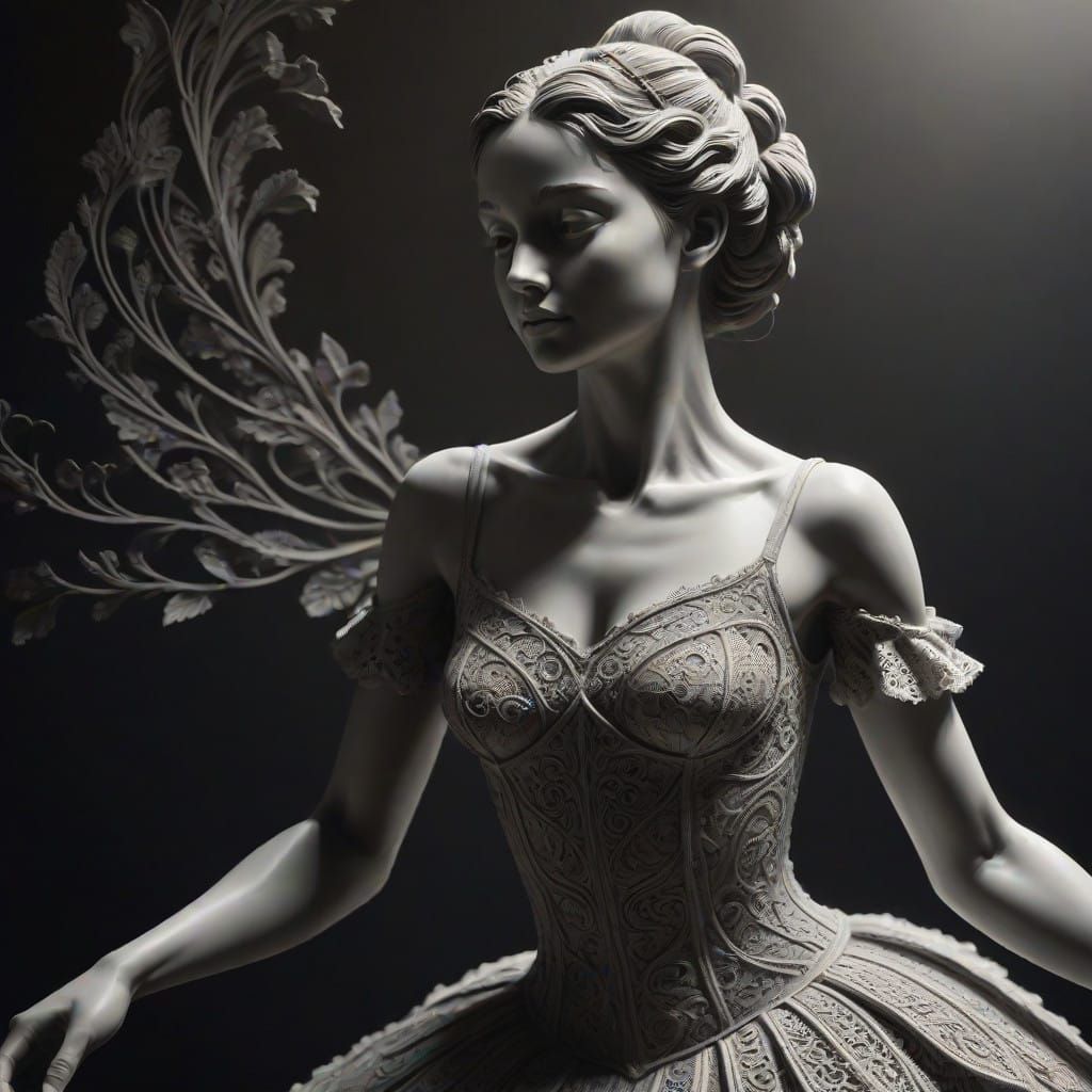 Ballerina statue of a beautiful woman with a gentle, enigmatic smile, intricately crafted with fine details, set against...