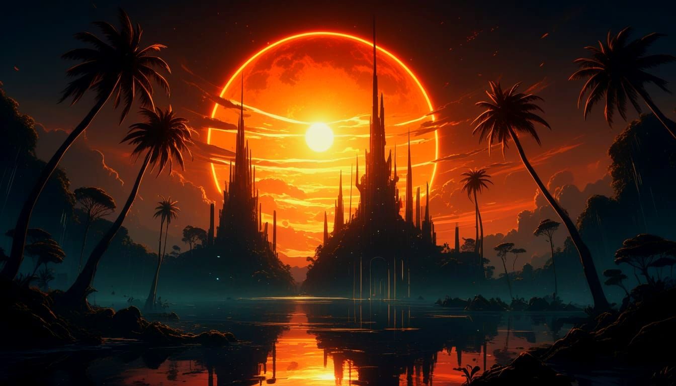Tropical Sunset with Magical Halo in Anime Style