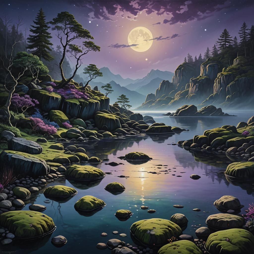 Stones and Water at Night in Matte Painting Style