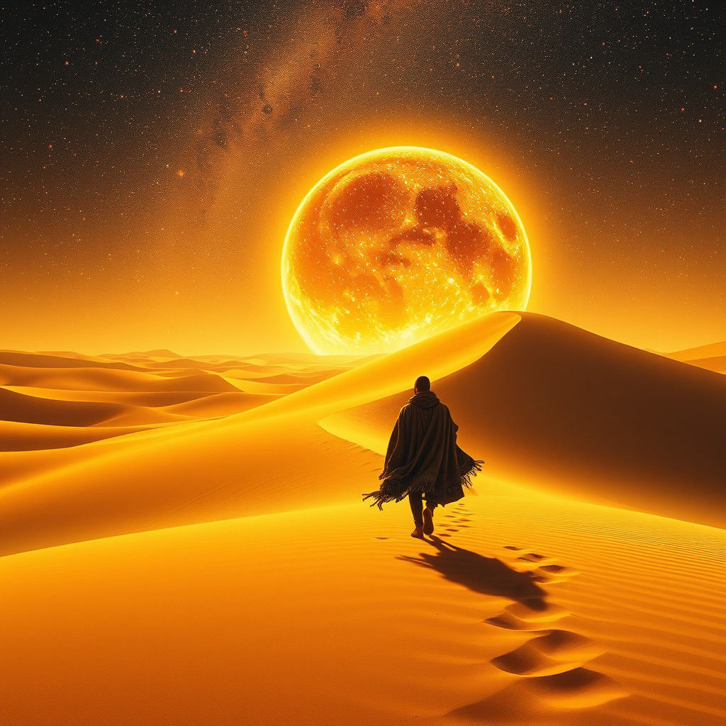 Traveler and Star Fragment in Golden Desert