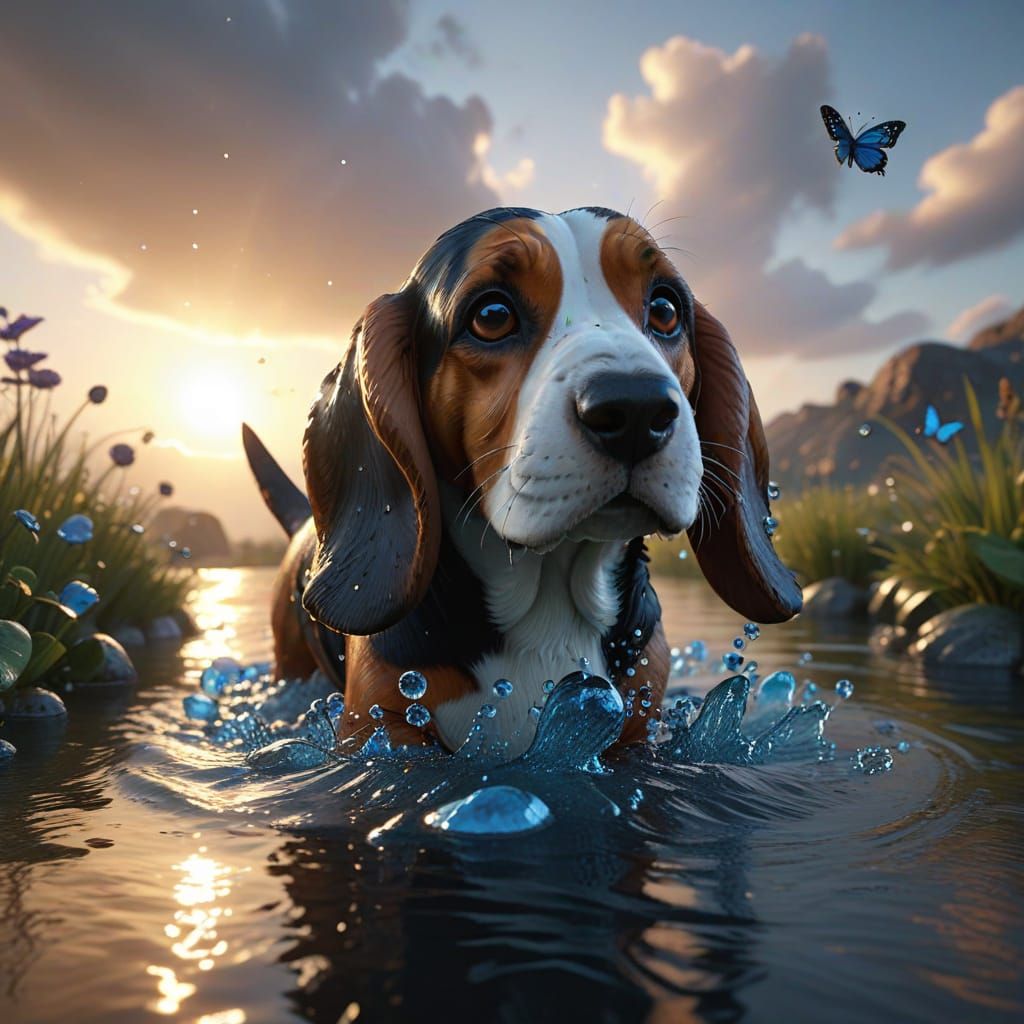 Basset Hound in Water Bubble with Butterflies at Sunset