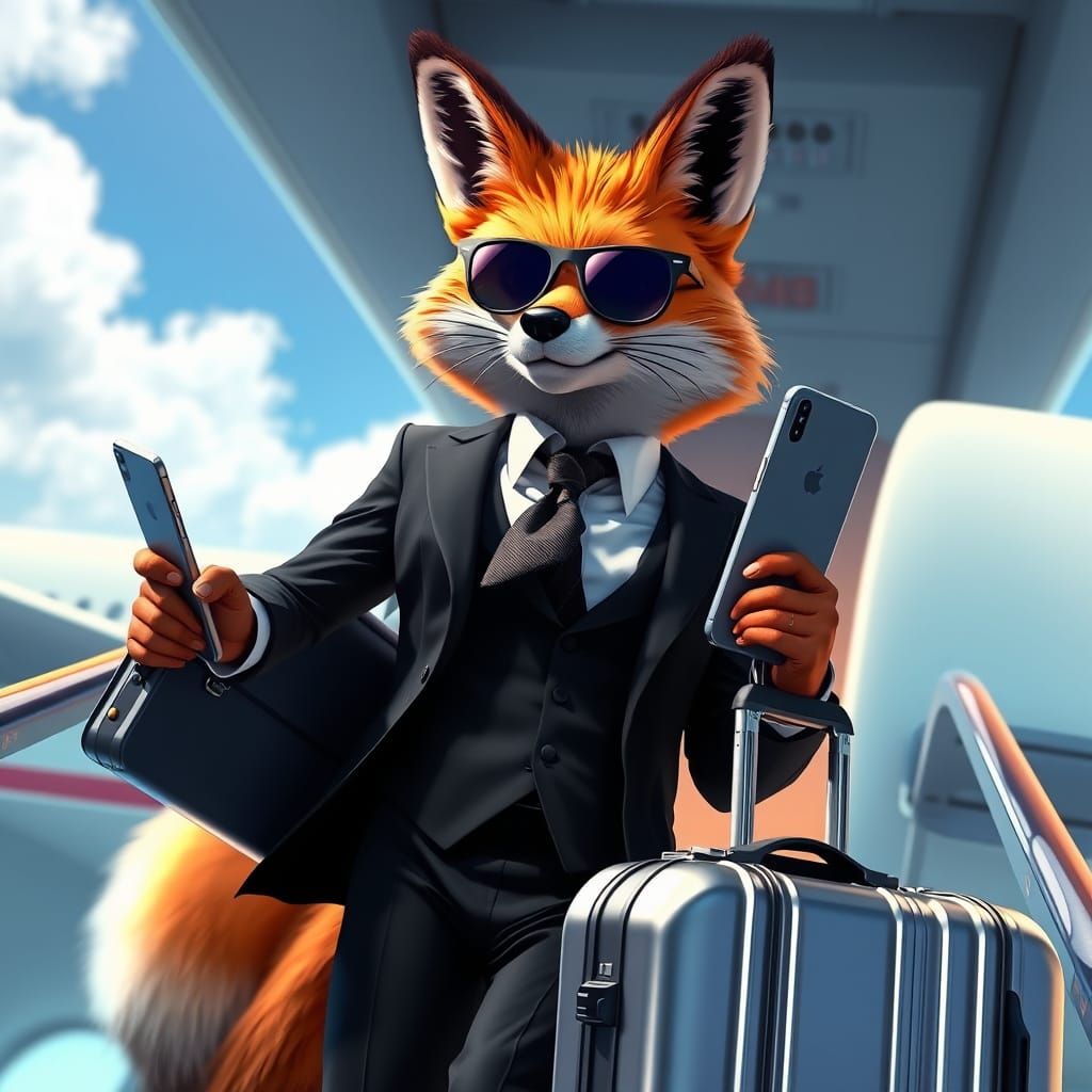 Sleek Fox Boards Luxurious Airplane in Anime Style
