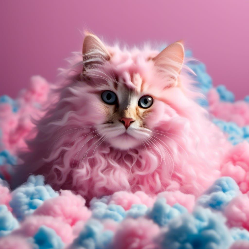 Adorable Cat Plush Toy on Cotton Candy Cloud