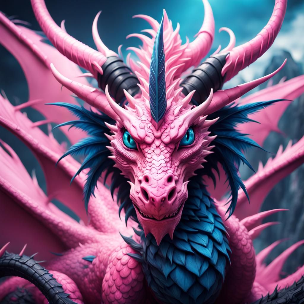 Pink Dragon with Feather Crown, Detailed Matte Painting