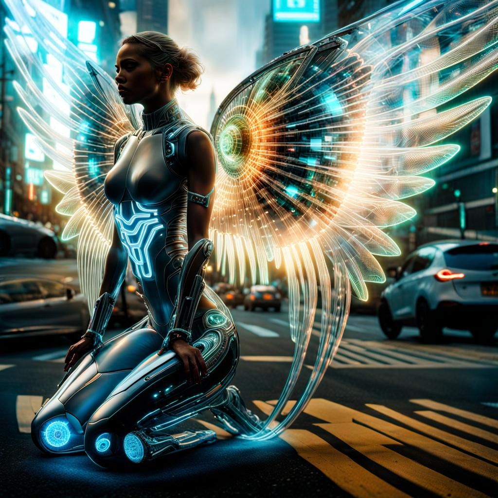 Holographic Cyborg Angel in Urban Traffic
