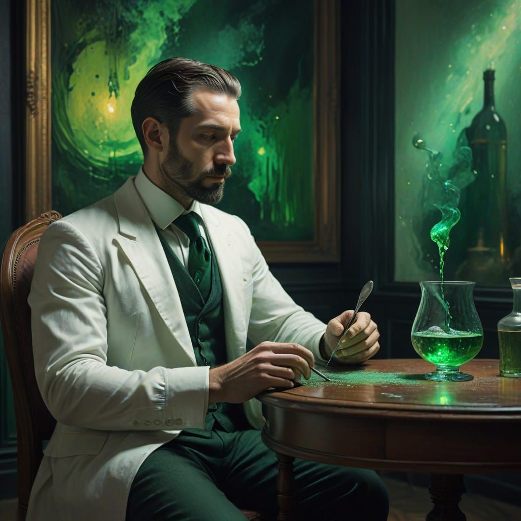 Elegant Absinthe Drinker in a Dark, Mystical Room