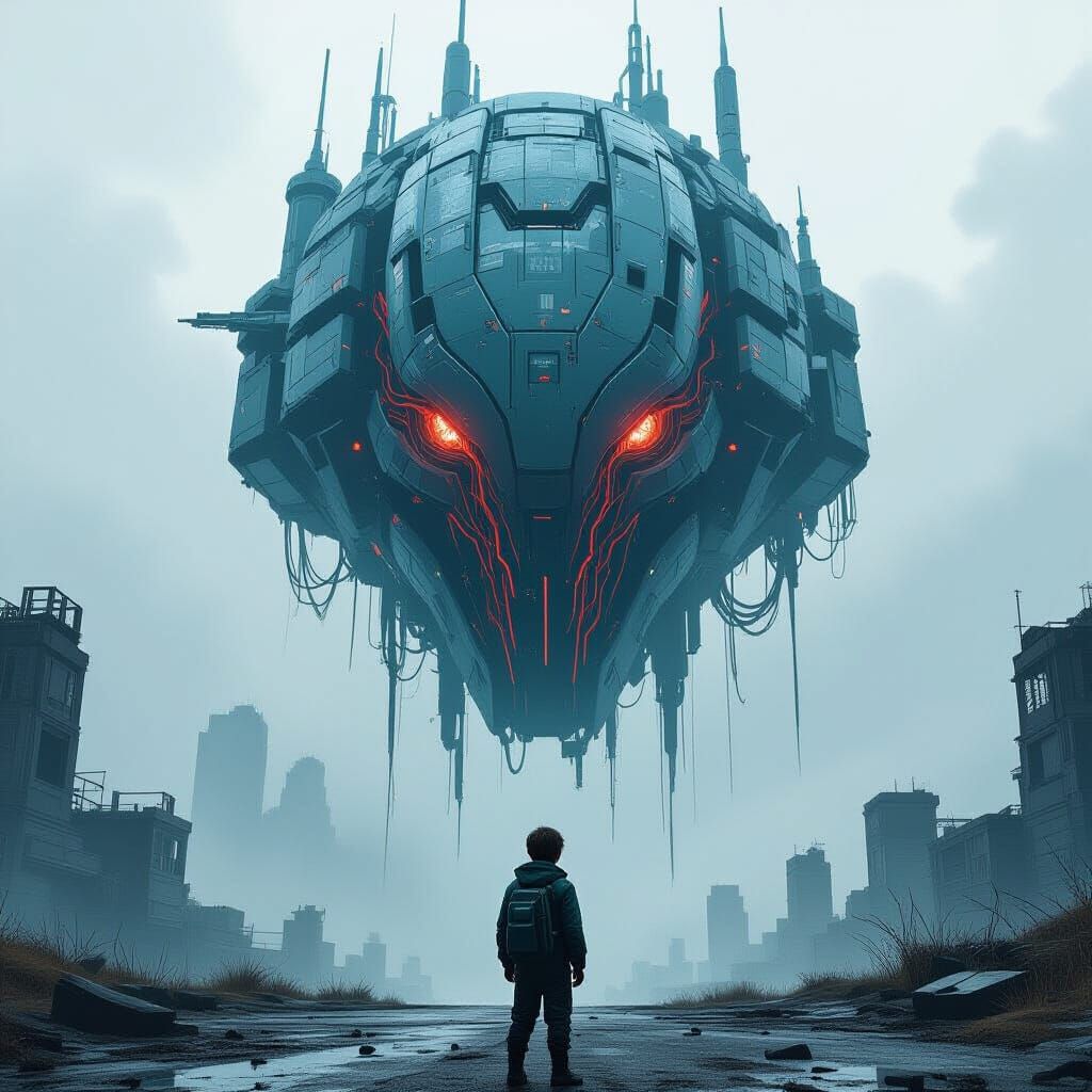 Cyberpunk Boy Confronts Biomechanical Fortress