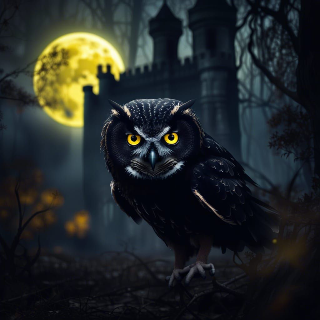 Mystical Black Owl in Haunted Forest Photography