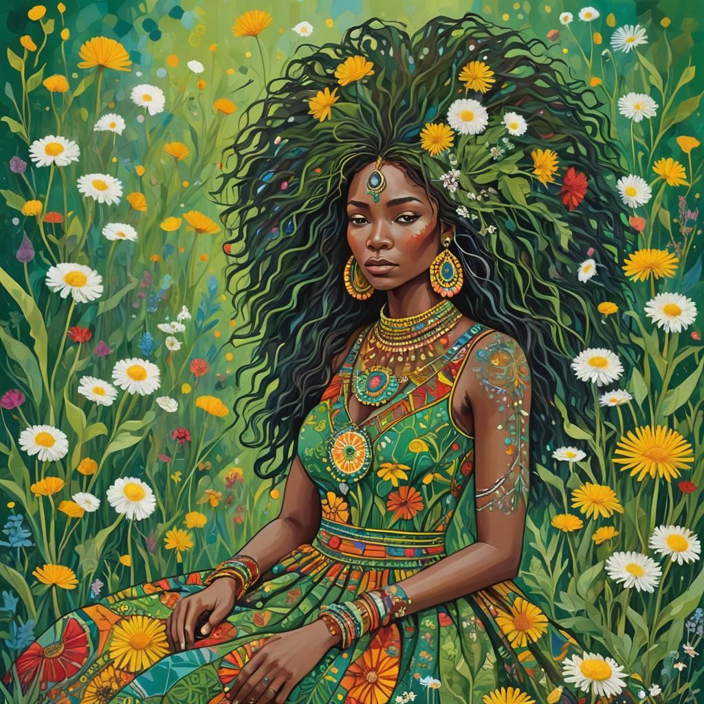 Woman in Floral Hair, Hyperdetailed Illustration