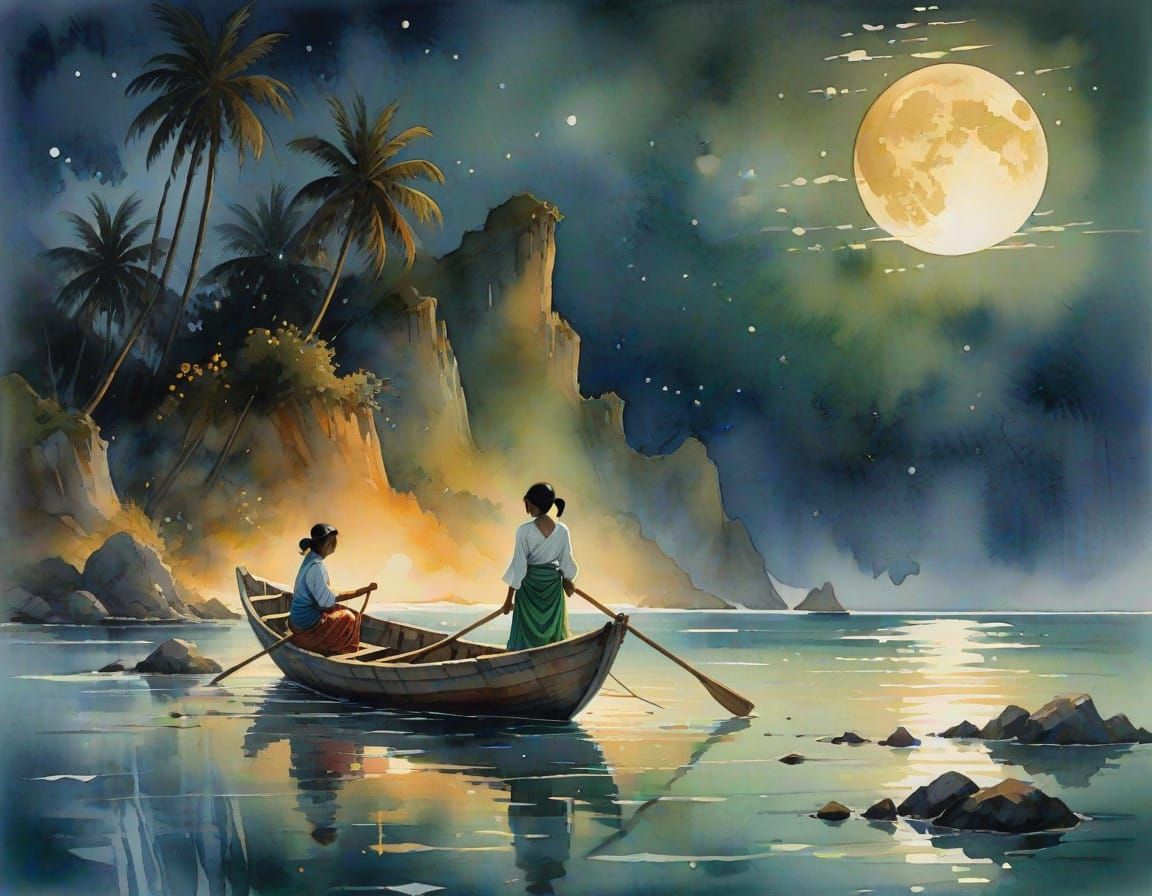 Filipina Fisherwoman Under Silvery Moonlight