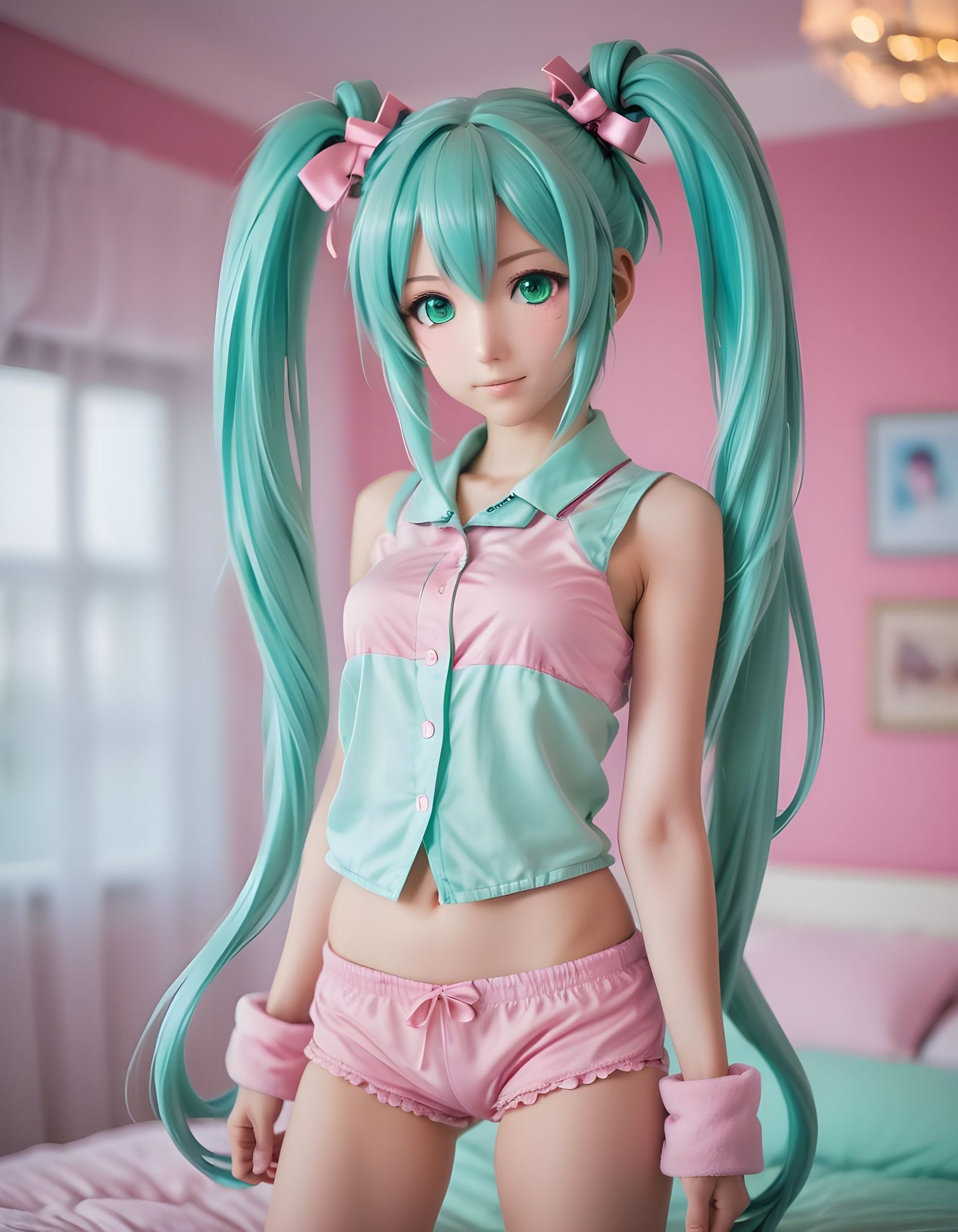 Hatsune Miku in Vibrant Pink Pajamas, Aqua Hair and Green Ey...