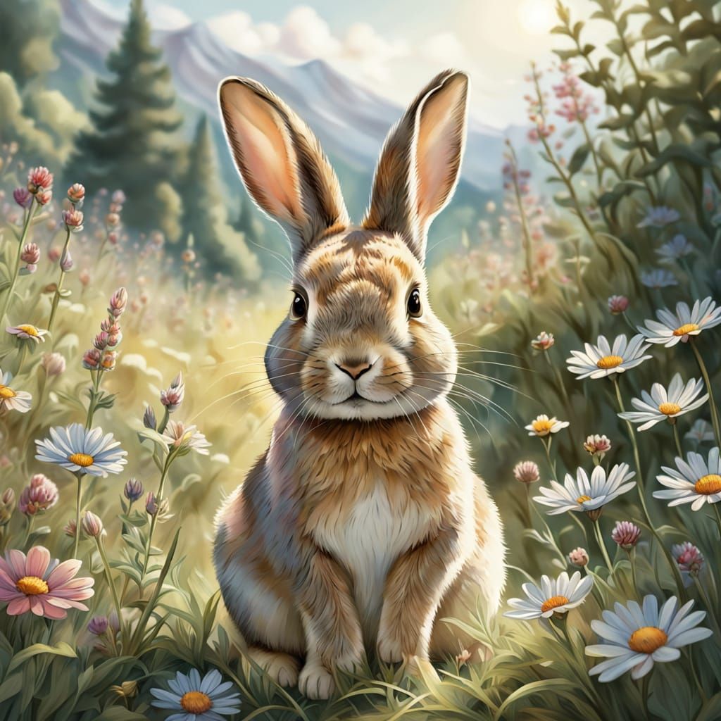 Whimsical Watercolor Scene of Gentle Rabbit in Lush Meadow
