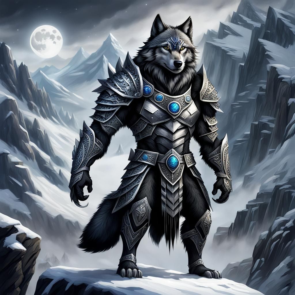 Anthropomorphic Wolf Warrior in Snowy Mountains