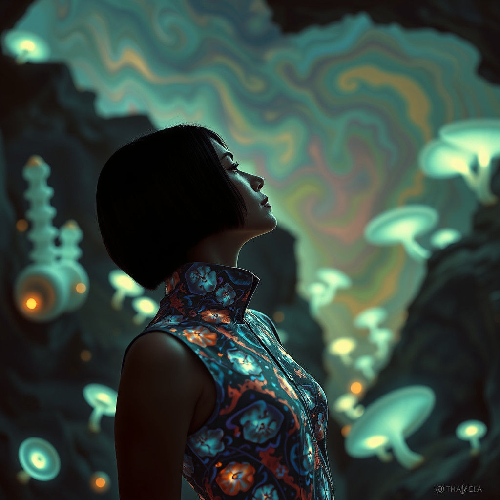 Bioluminescent Jumpsuit in a Surreal Subterranean Realm