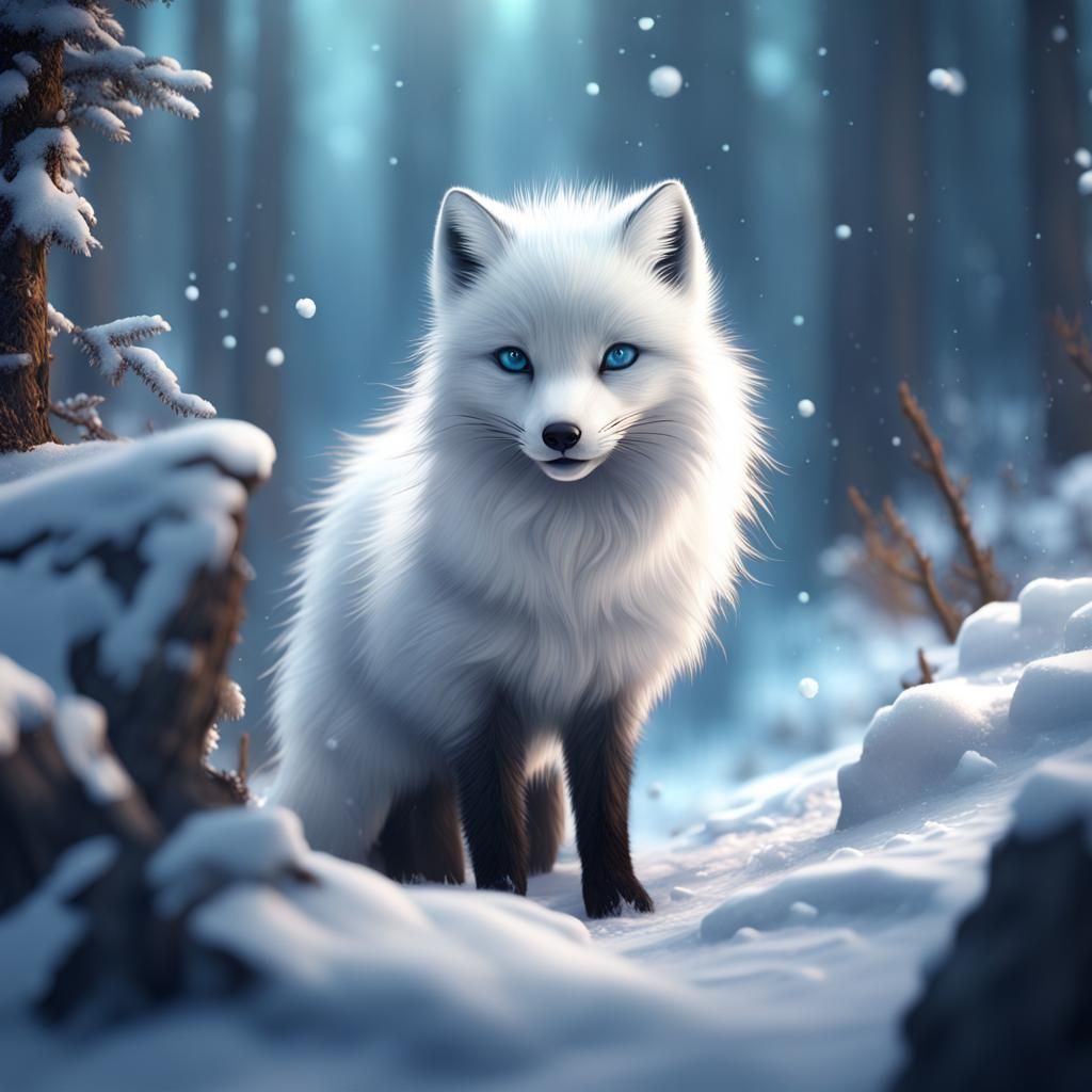 Arctic Fox Playing in Snowy Winter Forest