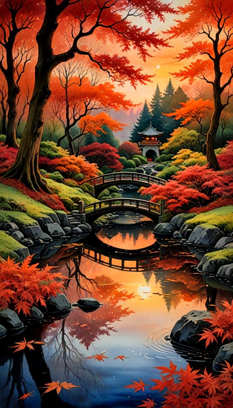 Autumn Japanese Maple Garden at Sunset in Watercolor