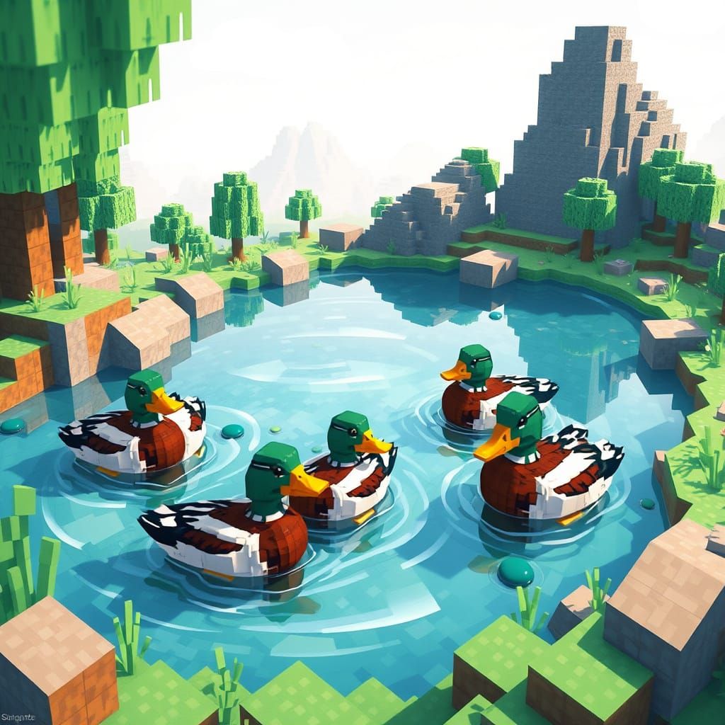 Blocky Mallard Ducks Swim in Crystal Pond, Minecraft Style