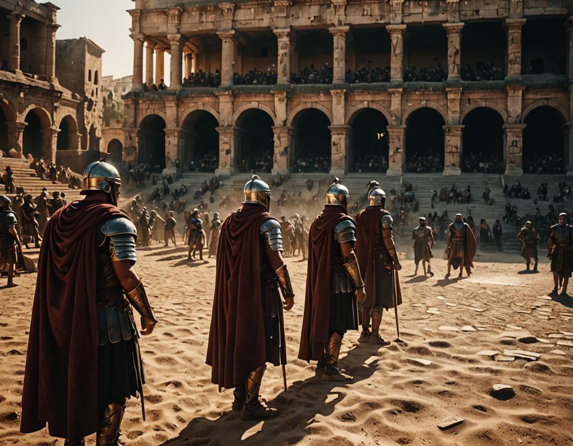 Roman Legionnaires Guard Gladiator Arena at Golden Hour