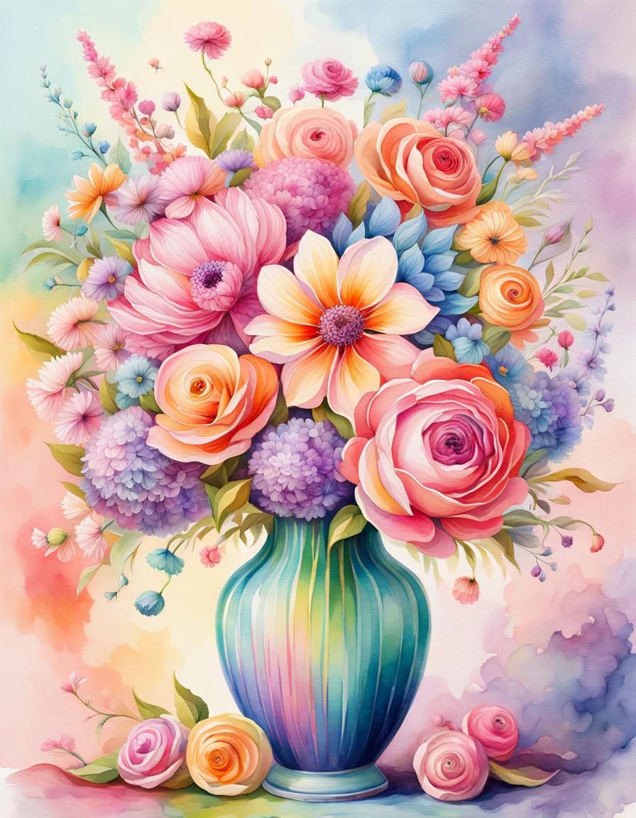 Pastel Watercolor Bouquet in Hyperdetailed Fractal Vase