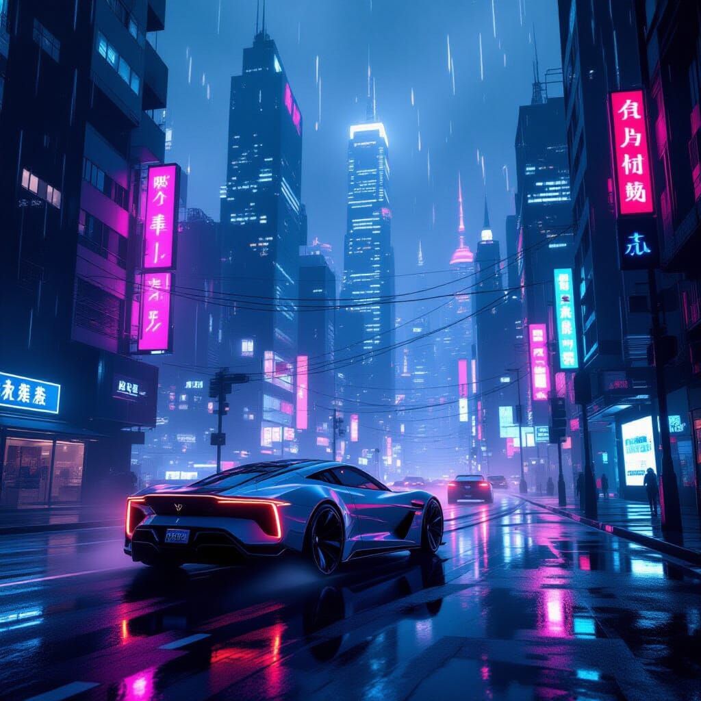 Futuristic Car in Neon Cyberpunk Cityscape