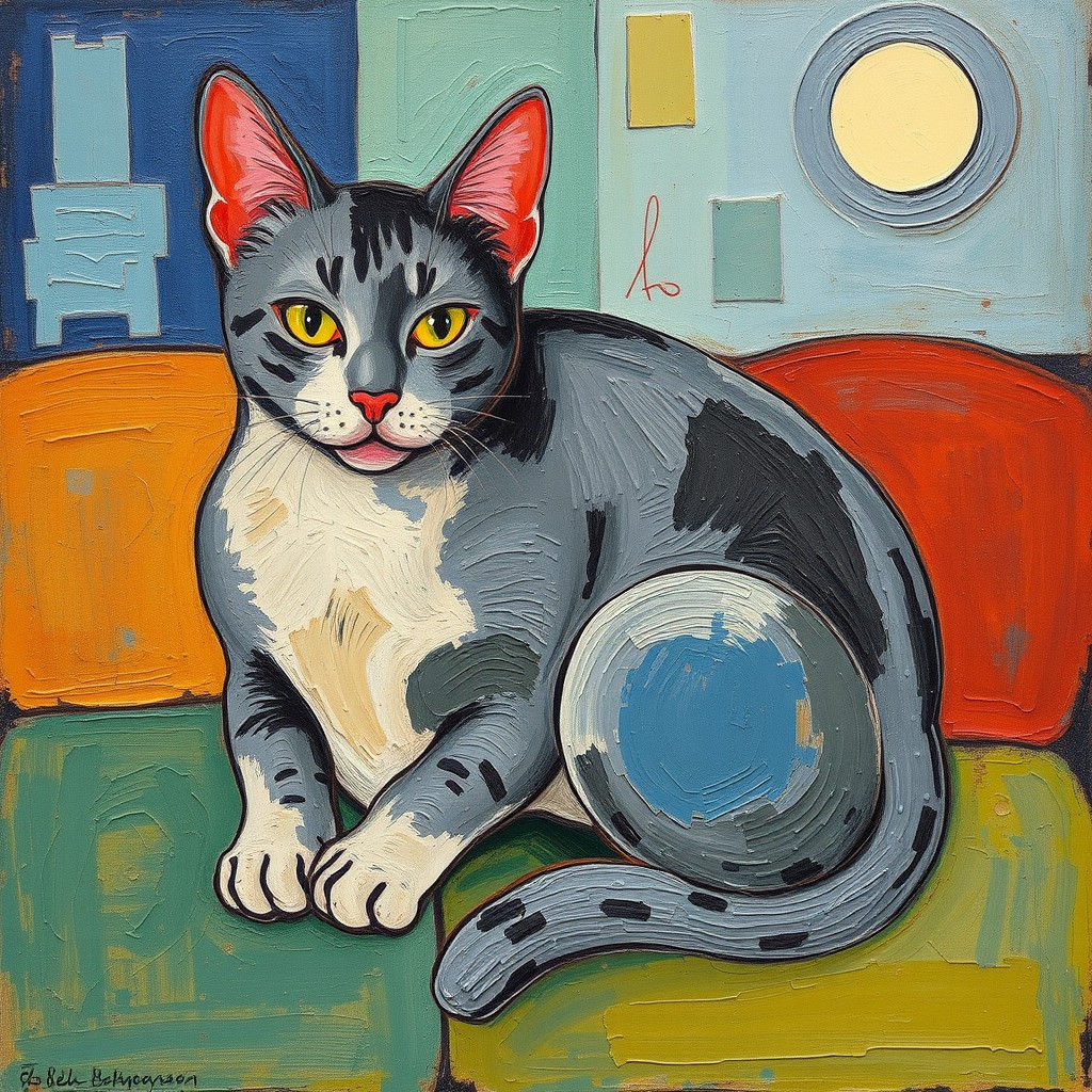 Beloved Cat in Cubist Naive Art Style