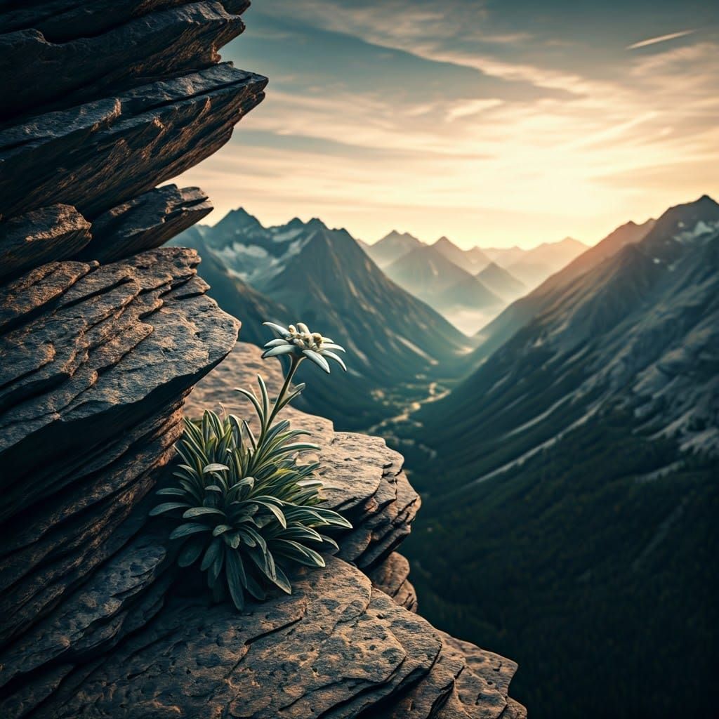 Ethereal Edelweiss Blooms on Rocky Cliff