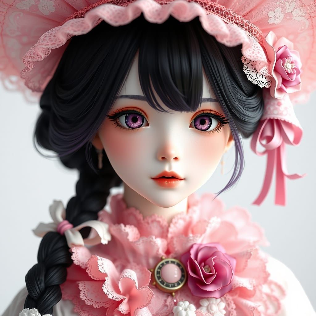 Ethereal Doll-Like Woman in Hyper-Realistic Pastel Hues