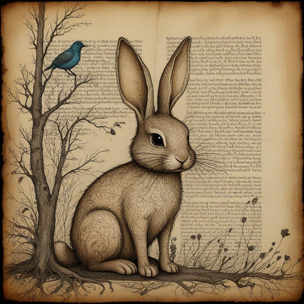 Whimsical Collage of a Bunny and Bird Amid Antique Paper