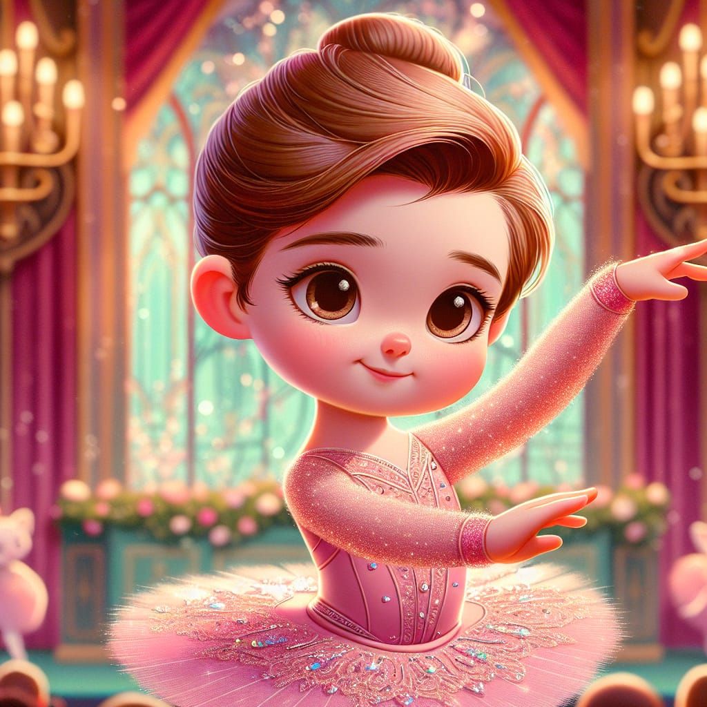 Disney Pixar style 3D adorable beautiful little girl ballet dancer ever, graceful pose, hair in a tight bun, pink leotar...