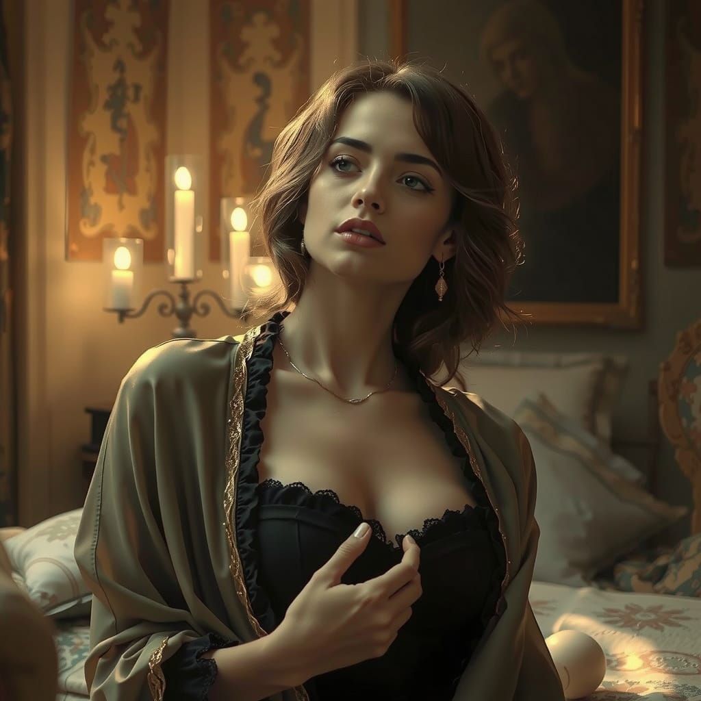 Contemplative Woman in Alphonse Mucha Style