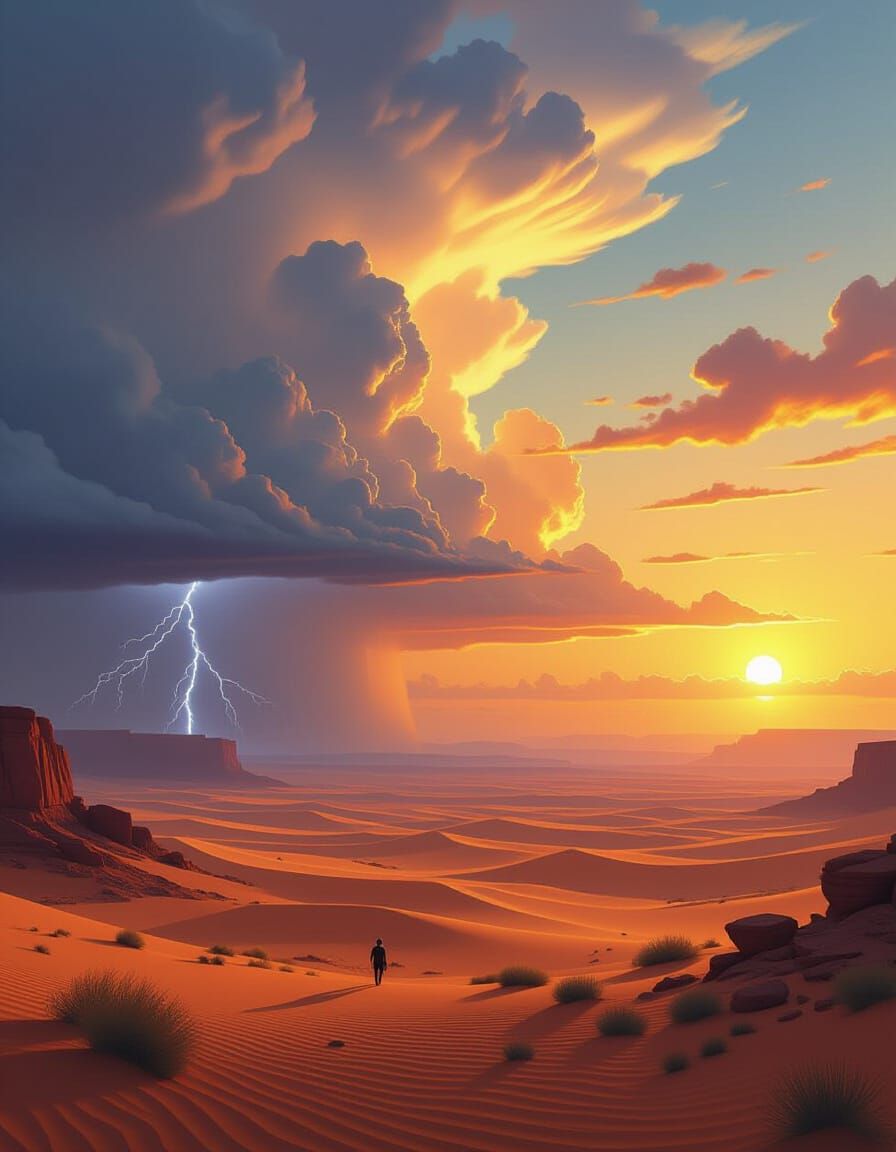 Dual Climate Landscape: Thunderstorm Meets Sunny Desert