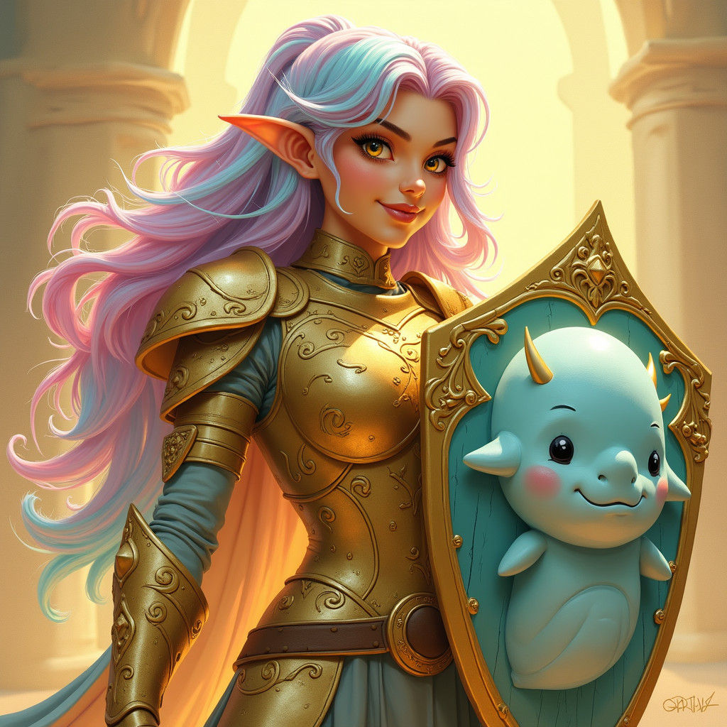 Golden Elven Priestess with Narwhal Shield