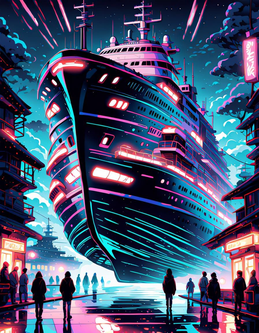 Alien Boards Ghost Ship in Vibrant Anime Style