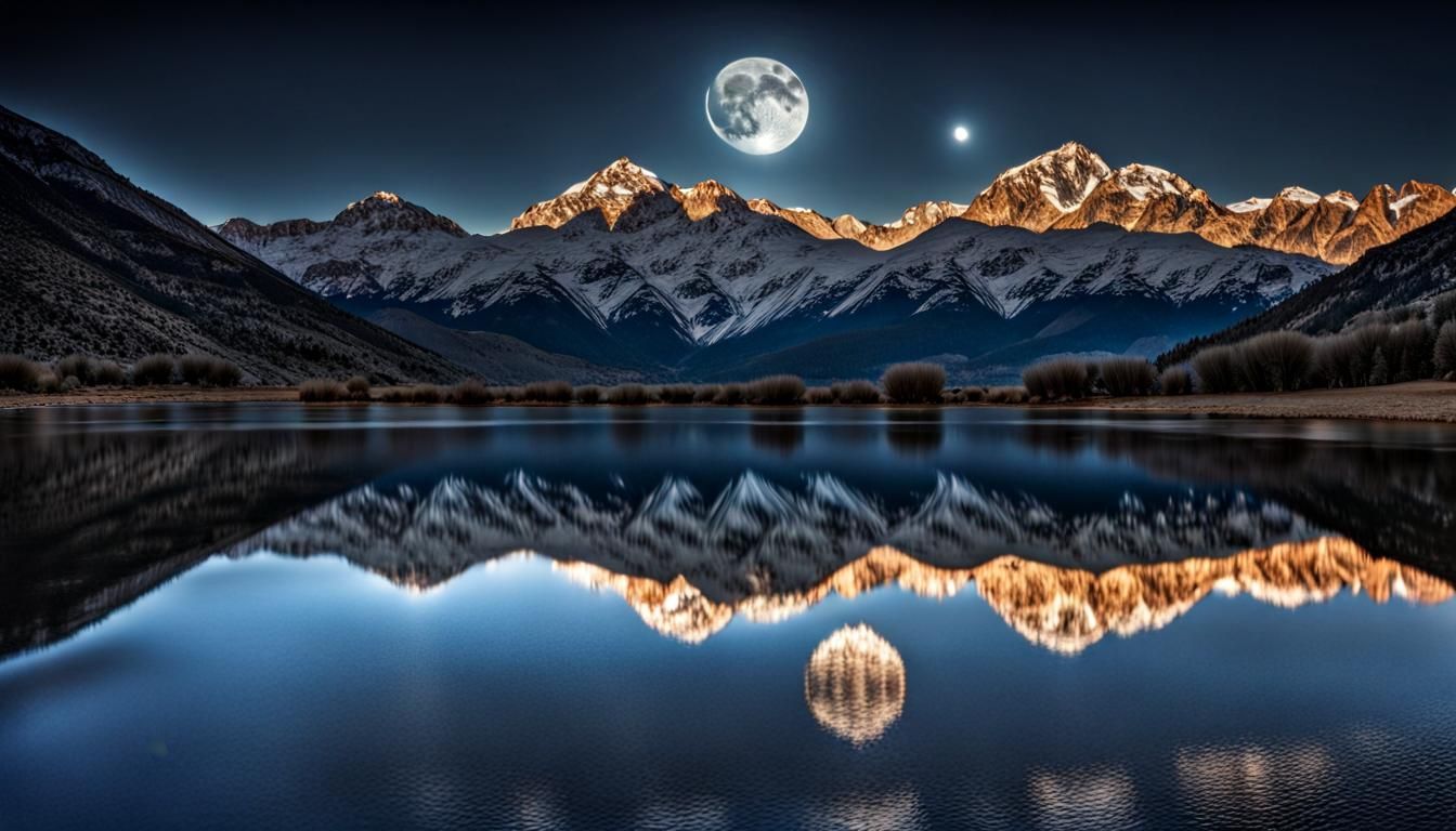 Gemmed Pool Reflecting Moonlit Mountain Range