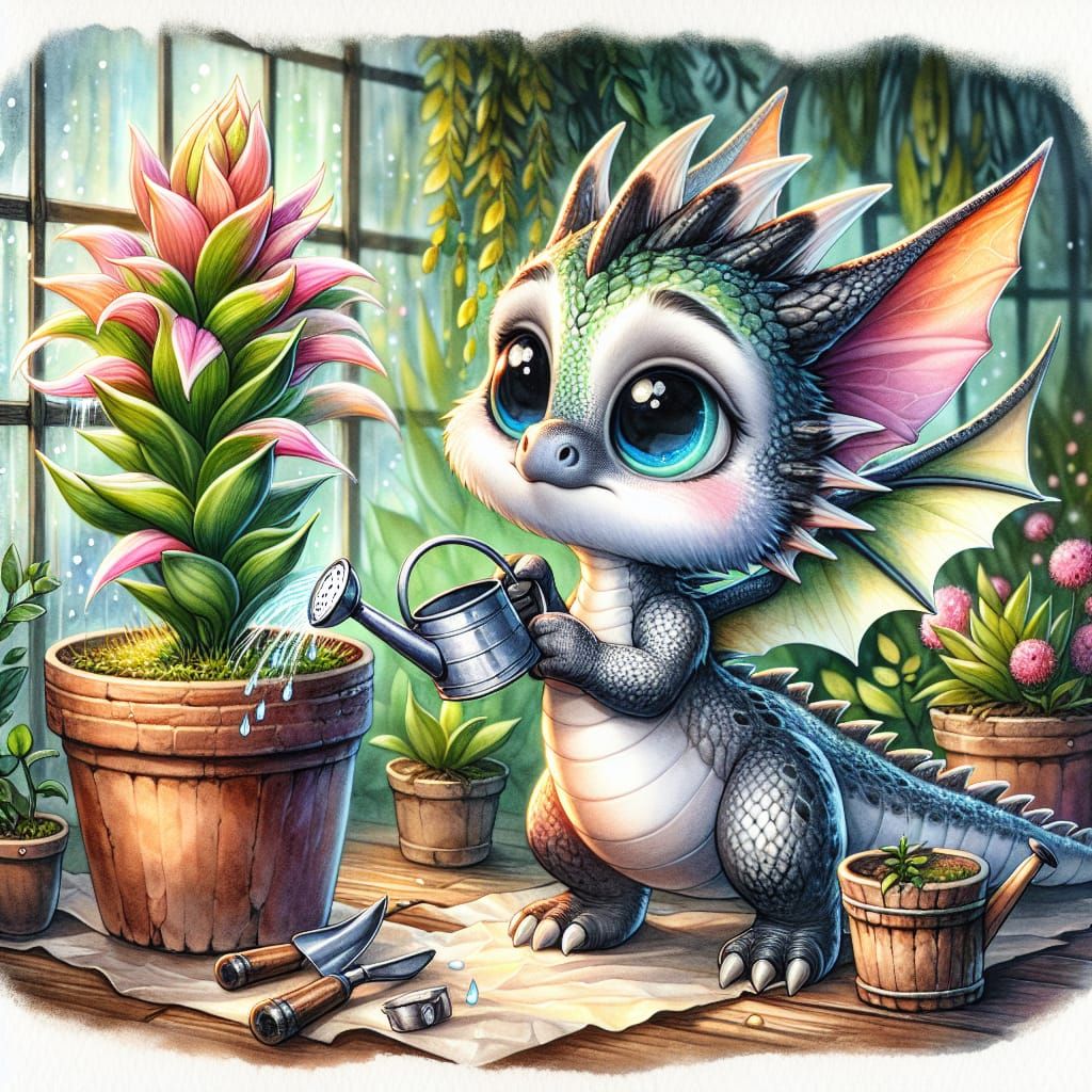 Charming Dragon Waters Magical Plant in Watercolor Style