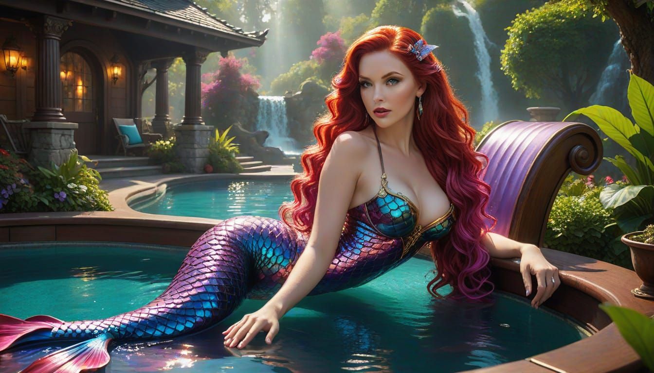 The image features a captivating scene by a swimming pool, showcasing a mythical mermaid lounging elegantly on a sunbed....