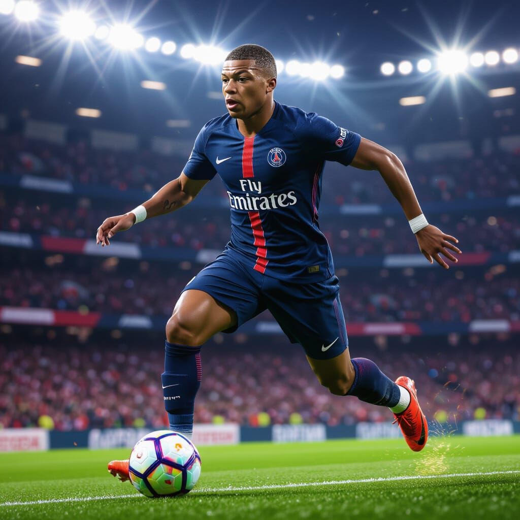 Mbappé Sprinting on the Field, Photorealistic Style