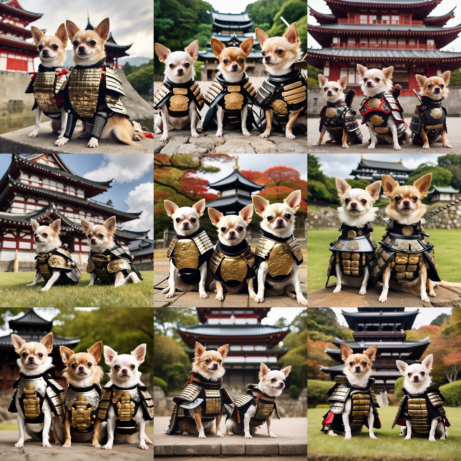 Chihuahuas in Samurai Armor Guarding Castle
