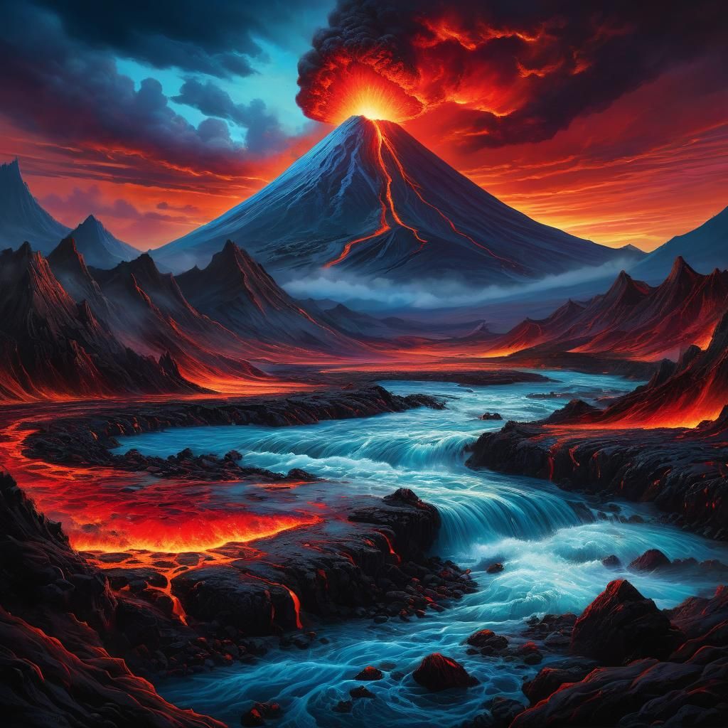 Volcanic Landscape Painting with Flowing Lava