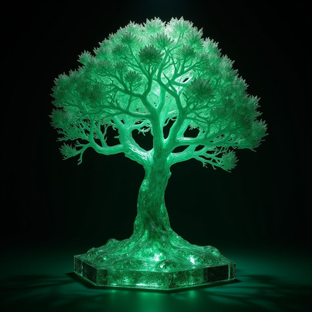 Emerald Tree: Faceted Gemstone Sculpture in Eerie Light