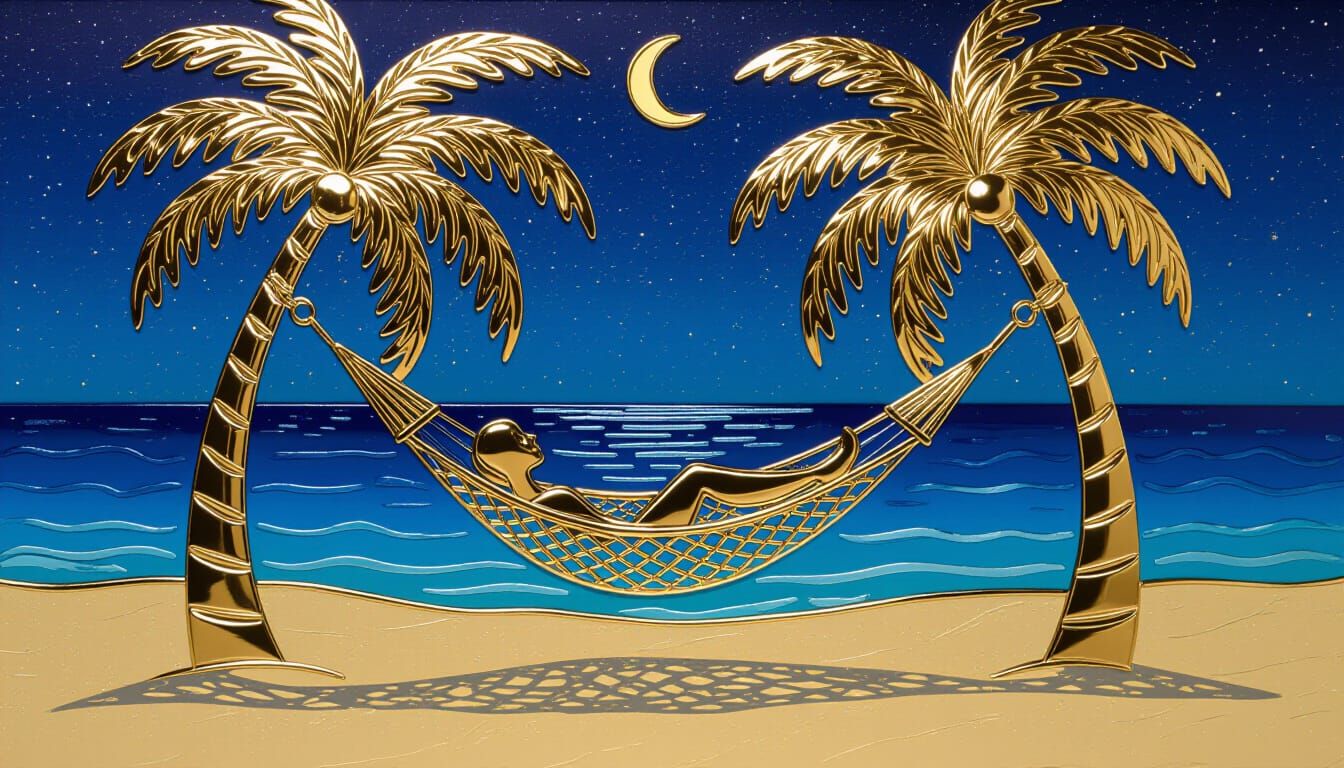 Metallic Embossed Beach Scene with Hammock at Night
