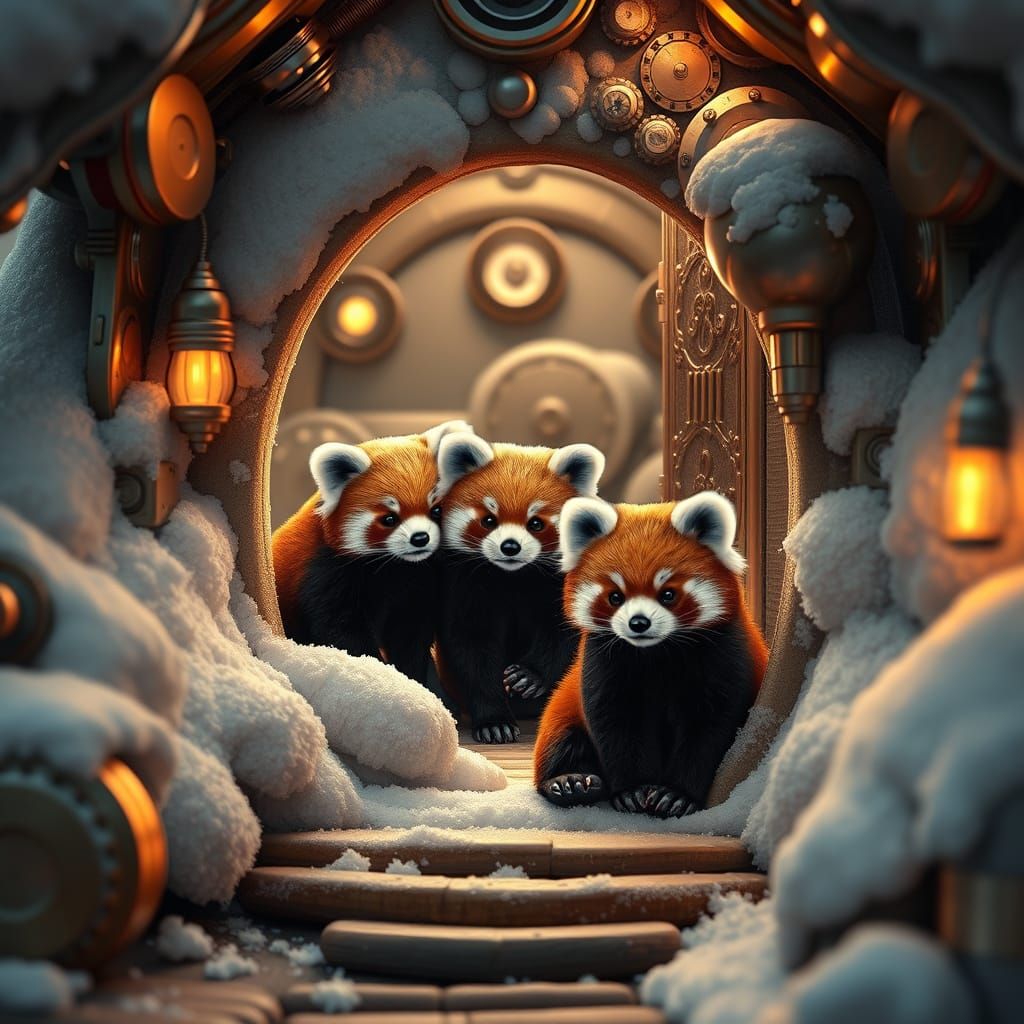 Cozy Winter Cottage Scene with Red Pandas in Steampunk Style