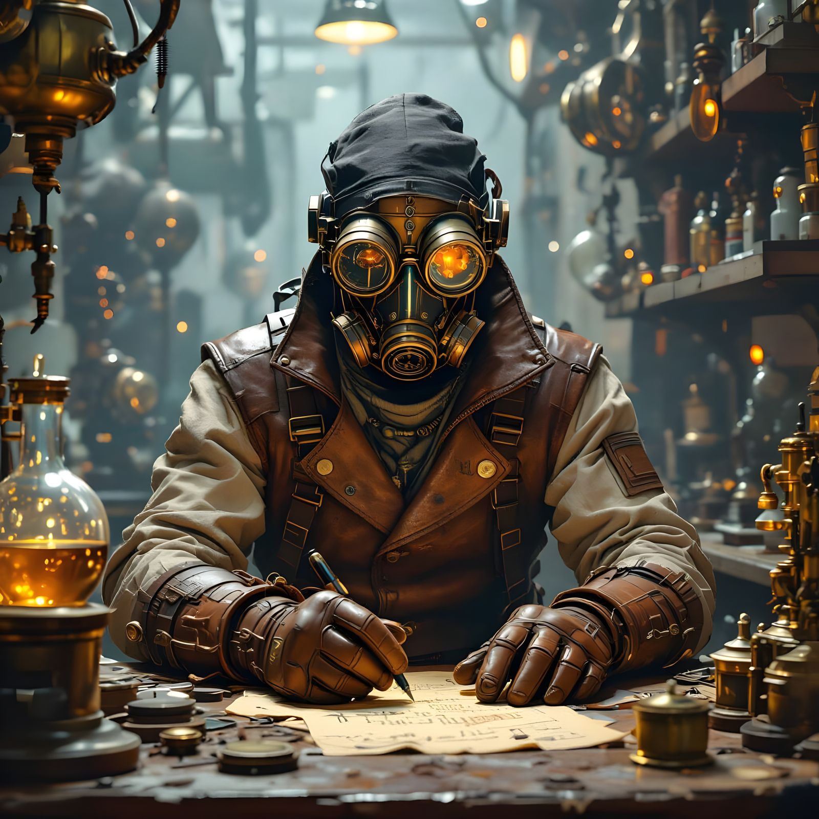 Steampunk Alchemist in Solitary Toil
