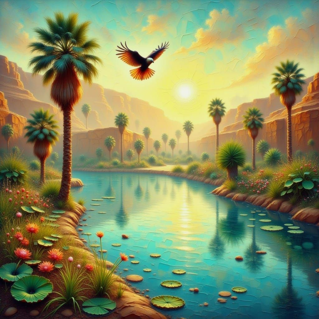 Golden Hour Oasis with Majestic Hawk