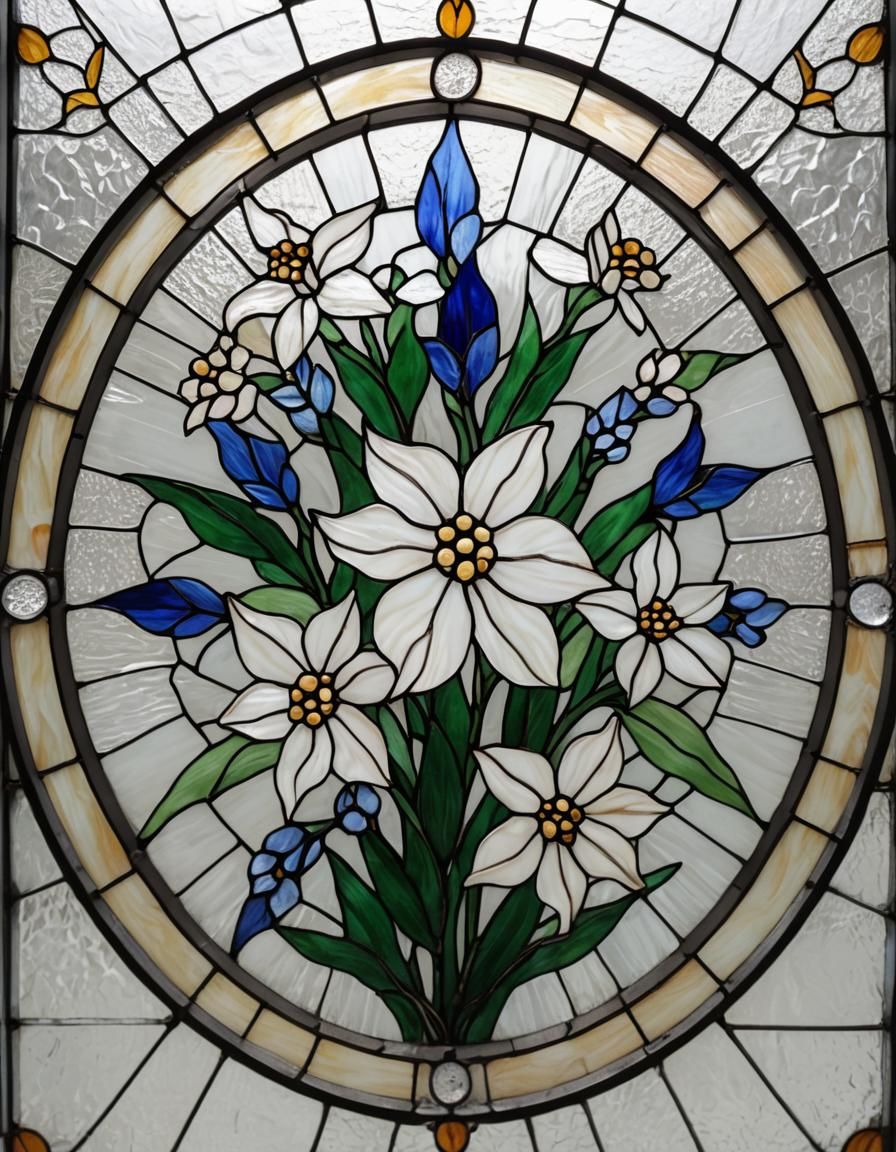 Stained Glass Larkspur Flower in Round Frame
